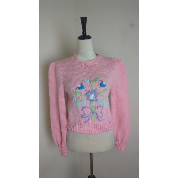 Vintage Cropped Hand Knit Sweater Balloon Sleeves Floral Design Women's Small - Picture 1 of 8